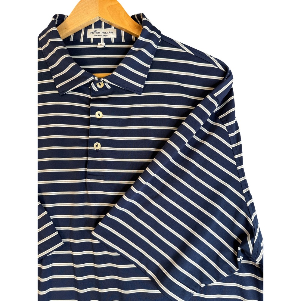 Peter Millar Summer Comfort Polo Shirt Mens XL Navy Blue White Striped Golf EUC